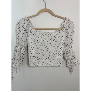 Mengsi Polka Dot Puff Sleeve Smocked Back Crop Top White Black Medium
